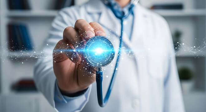 Healthcare professional presenting stethoscope with glowing digital network, symbolizing advanced medical technology and healthcare innovation.