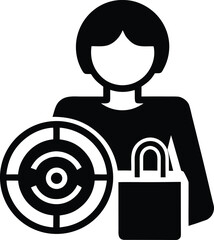 Customer target marketing with shopping bag and arrow icon, consumer research