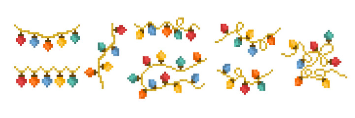 Pixel Christmas Lights game icon vector set. Retro computer 8 bit pixelated light string decoration