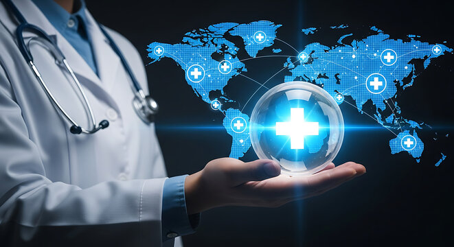 Doctor holding glowing medical cross in sphere with world map healthcare network background, symbolizing global health technology