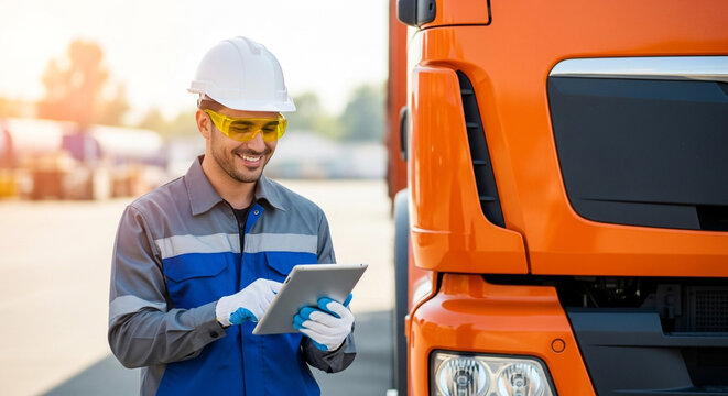 Smiling male truck driver in hard hat and safety glasses using a tablet computer next to a large orange truck in a sunny outdoor lot