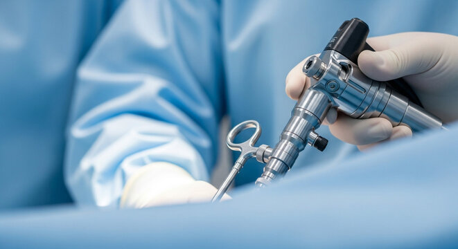 Surgeons hand in glove holding laparoscopic instrument during minimally invasive surgery, closeup view