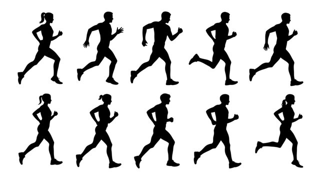 Running and jogging silhouettes, male and female figures in motion, diverse athletic stances, healthy lifestyle exercise and fitness concept