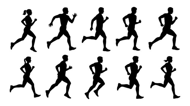 Dynamic collection of diverse running people silhouettes, showcasing male and female athletes in various running poses, illustrating fitness, active lifestyle.