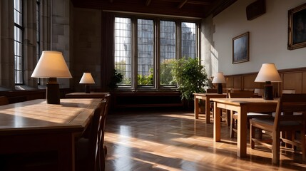 Sunlit wooden study hall interior with classic lamps and large paneled