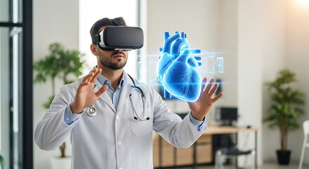 Male doctor in vr headset interacting with virtual human heart hologram in modern medical office, advanced healthcare technology.