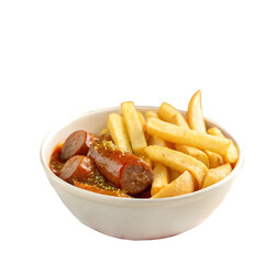fast food meal with fried potatoes and currywurst isolated