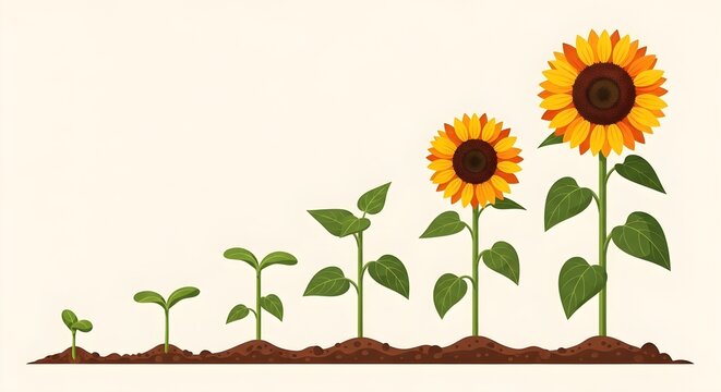 Sunflower growth stages illustration showing plant development from seed to bloom