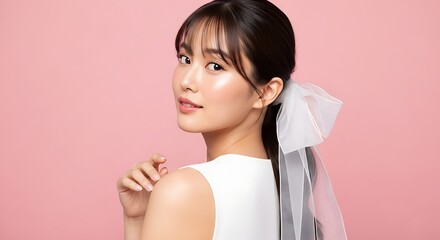 Beautiful Asian Woman with Long Hair and Bridal Ribbon