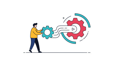 Man connects a small gear to a larger one representing system integration process improvement and creating a workflow.