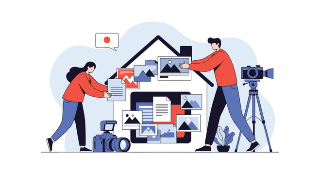 Two content creators working together in a home studio to organize a digital portfolio of photos and videos for a project. - Powered by Adobe