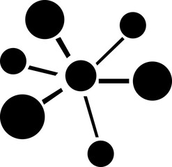 Black Icon of Central Node Connected to Six Outer Nodes, Simple black silhouette showing a central node linked to six surrounding nodes, symbolizing network, connectivity, and data. isolated on transp