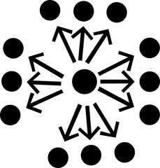 Black Icon of Central Node Connected to Six Outer Nodes, Simple black silhouette showing a central node linked to six surrounding nodes, symbolizing network, connectivity, and data. isolated on transp
