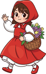 Cartoon girl in red hood, fairy tale character, flower basket, smiling child, vector illustration, Little Red Riding Hood