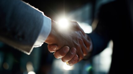 Business professionals engaging in a handshake to signify agreement during a meeting