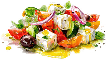 Fresh Greek vegetable salad with feta cheese, cucumber, tomatoes, olives, and onion on a white plate, a healthy vegetarian appetizer