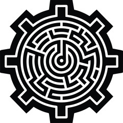 Black and white gear maze icon, isolated on transparent background