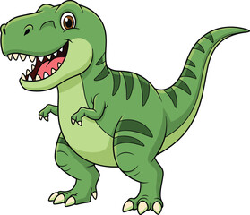 Cartoon green T. rex dinosaur, friendly prehistoric character, striped skin, smiling pose, vector illustration, children’s theme, educational design