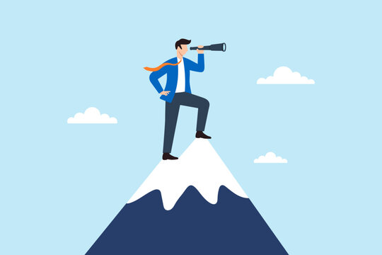 Flat illustration of businessman standing on snowy mountain peak while looking through telescope symbolizing leadership ambition and vision toward success