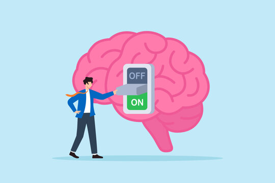 Flat illustration of businessman turning on large switch inside giant brain symbolizing mindset activation creativity and personal development
