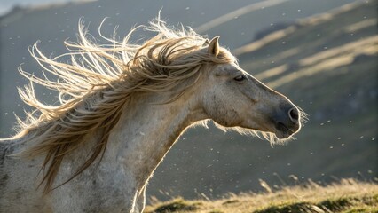 Majestic wild horse running free with wind blowing through its mane