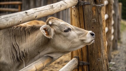 Gentle cow gazes through rustic fence on peaceful countryside farm