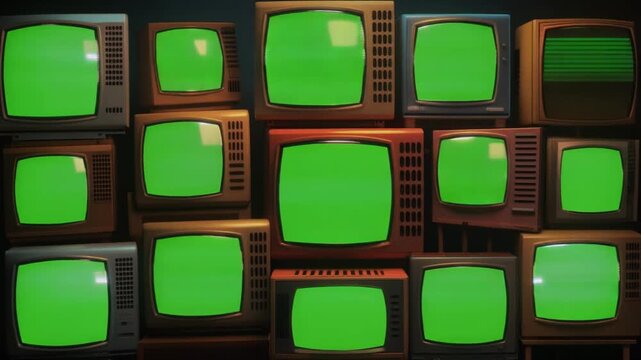 Retro Television Wall with Green Screen Displays for Customizable Content