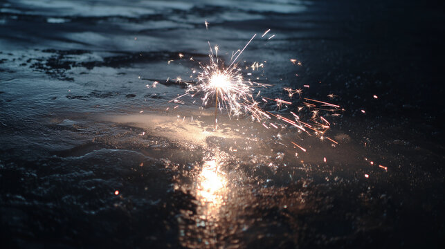 Sparkler fireworks reflecting on dark water surface at night with glowing light trails