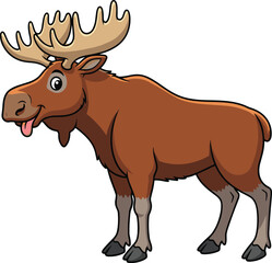 Cartoon moose character, playful animal illustration, large antlers, tongue out, expressive eyes, vector design, children’s theme, forest creature