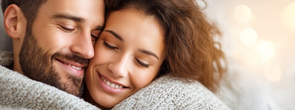 In a warm setting, a young couple enjoys a tender embrace. Their smiles reflect affection as they find joy in each other's company, creating an intimate moment full of love