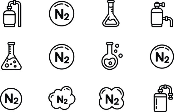 Nitrogen Gas Icons and Symbols Set with Flasks and Tanks vector