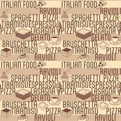 Italian food doodle seamless pattern on beige background