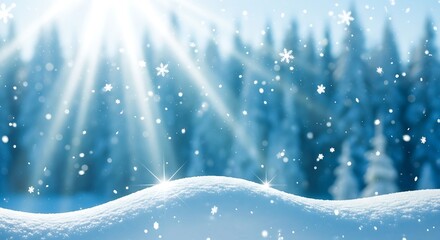 Winter wonderland with falling snow and bright sunbeams
