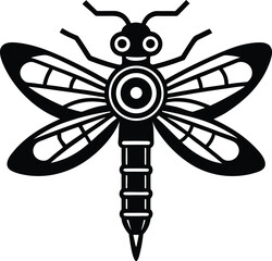 Black silhouette of a dragonfly with concentric circles on its body isolated