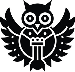 Stylized owl with outstretched wings and a key symbol in its chest isolated