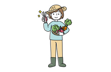 収穫した野菜とハサミを持つ女性のイラスト