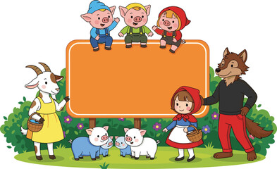 Cute fairy tale characters including little pigs, wolf, goat and girl around blank signboard, colorful children illustration, storybook scene, cartoon design