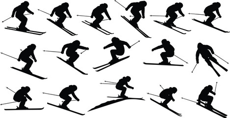 Downhill skier silhouette vector set, winter sport, skiing action, mountain recreation, snow slope, athletic activity, extreme cold weather.