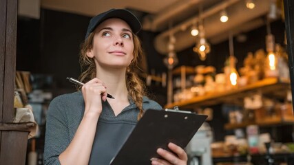 Thoughtful Young Female Cafe Worker Taking Notes with Clipboard in Coffee Shop - Powered by Adobe