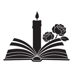Open Book, Candle, and Flower Symbols of Remembrance, Wisdom, and Beauty Silhouette Design.
