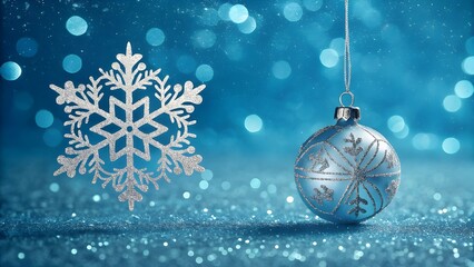 Deep Blue Winter: Sparkling Snowflake and Icy Christmas Bauble on a Glittering Snow Background"
"A Glimmering Winter Solstice: Serene Blue Christmas Ornament and Crystal Snowflake Art"