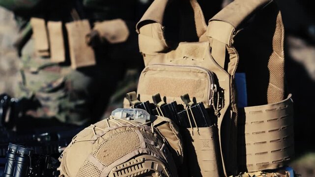 Details with a militaryvest and helmet.