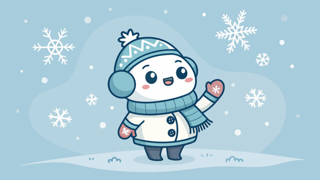 Adorable winter character in hat and scarf waving hello amidst falling snowflakes brings cheerful holiday vibes, perfect for festive greeting cards and designs - Powered by Adobe