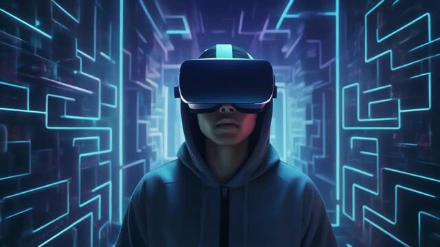 Hacker inside a virtual reality world of firewalls and digital mazes