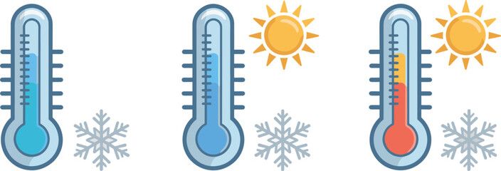 Three Thermometers Showing Cold And Hot Temperatures With Sun And Snowflakes vector