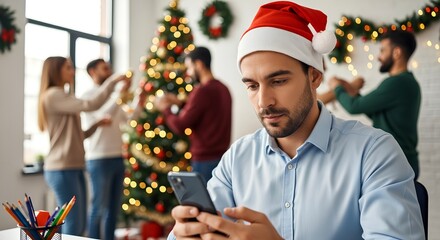 Smiling man in a Santa hat using his smartphone in a festively decorated office with Christmas lights and colleagues preparing holiday decorations in the background.