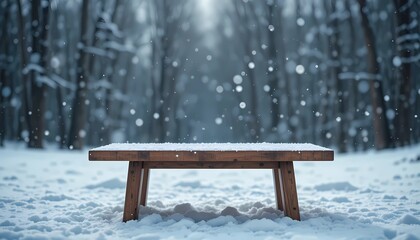 Wooden bench stands in a serene winter landscape, its surface reflecting the soft focus of snowflakes gently falling in the background.