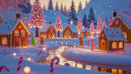 AI-generated image of a winter wonderland of Christmas spirits, where gingerbread houses and a river come to life