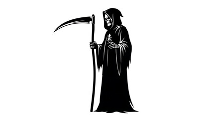 Black and white illustration of the grim reaper holding a scythe on a white background design art ai generated