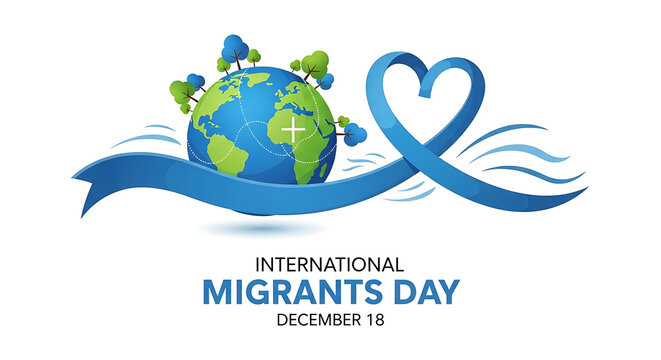 International migrants day december 18th with earth and heart ribbon symbolizing unity and support